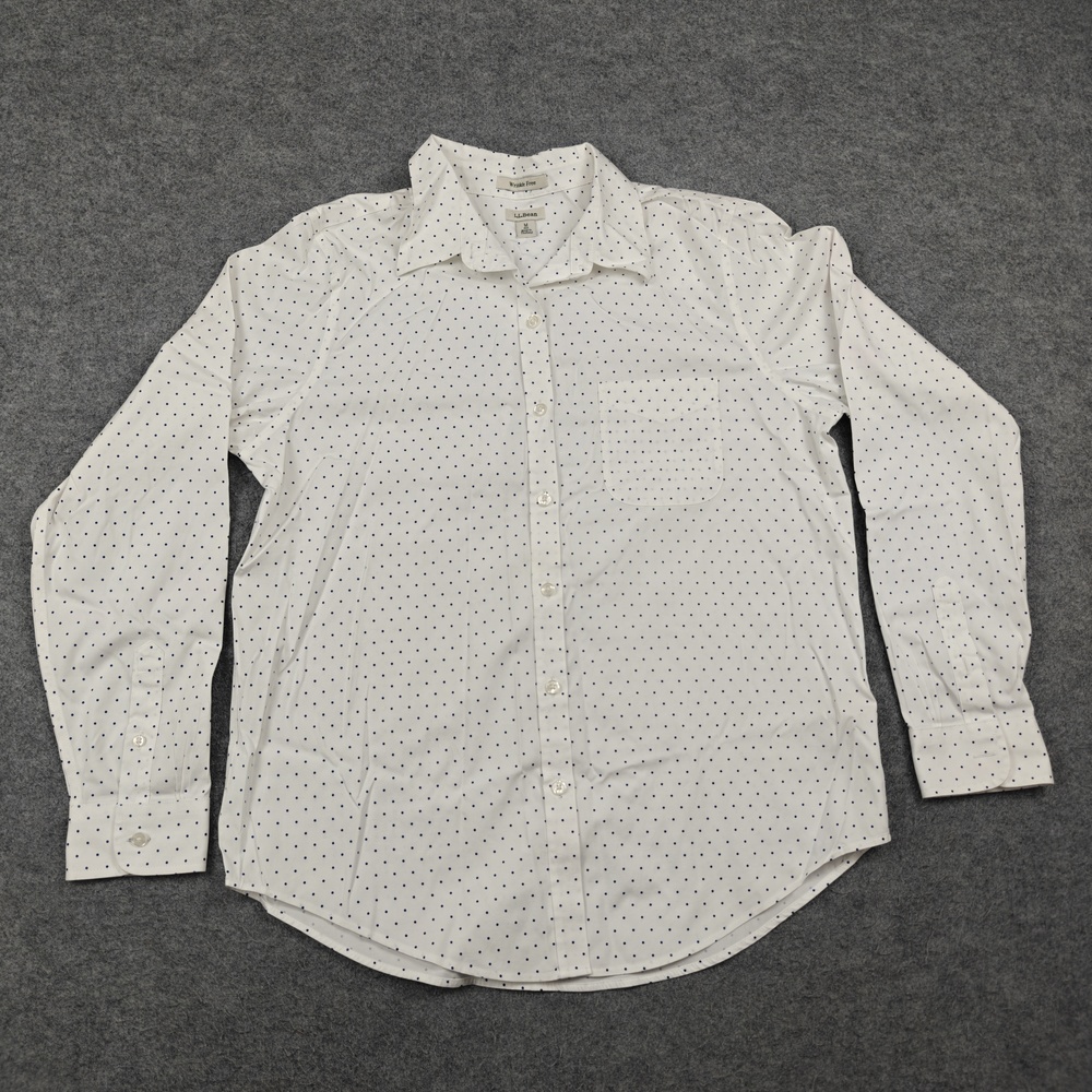 L.L. Bean Dress Shirt Womens Medium White Polka Dot Point Collar 100% Cotton